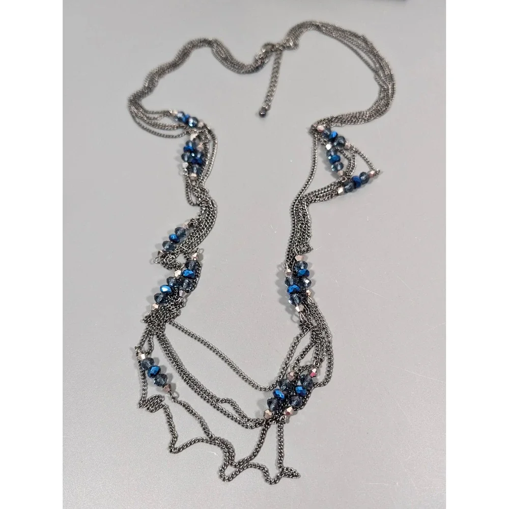 Gunmetal Multi Strand Layered Necklace Peacock Blue & Black Glass‎ Beads 33